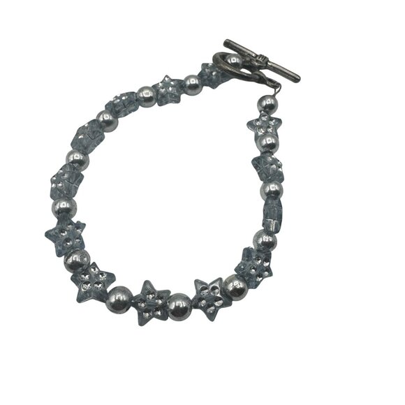 Light Blue Star Beaded Bracelet Toggle Clasp Jewelry Handmade Design Piece - Picture 2 of 4